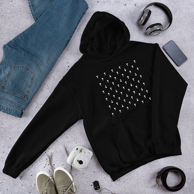 Black and white magic mushroom patterned hoodie. Tiny magic mushrooms. Microdosing may support your mental health. Category 5 Apparel
